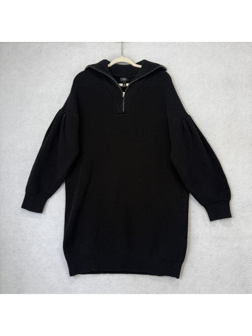Aqua Sweater Dress Womens XL Black Half Zip Collared Balloon Sleeve Knit Short